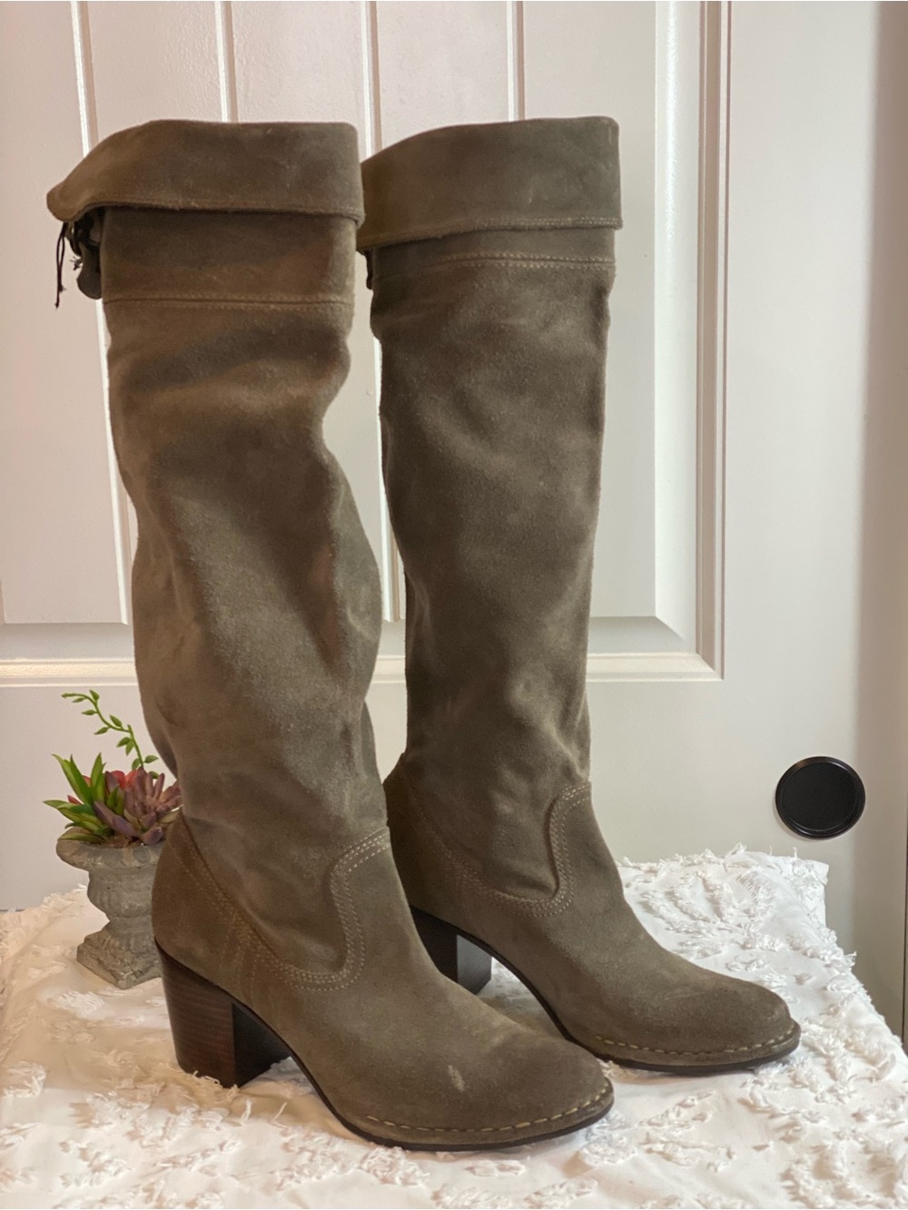 Frye Tall Suede Block Heel Boots - Olive Green